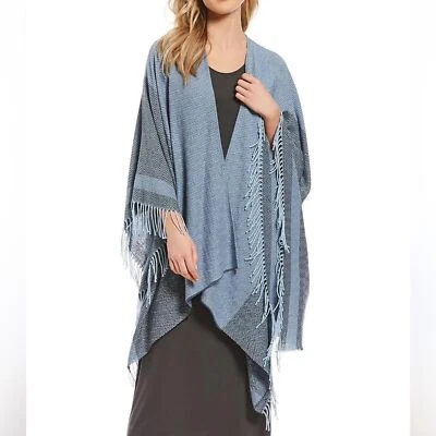 Poncho Eileen Fisher envolvente para mujer con flecos de algodón azul a rayas talla única Foto 1 de 4