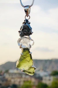 100% genuine Moldavite, herkimer and Meteorite 925 Sterling Silver pendant - Picture 1 of 2