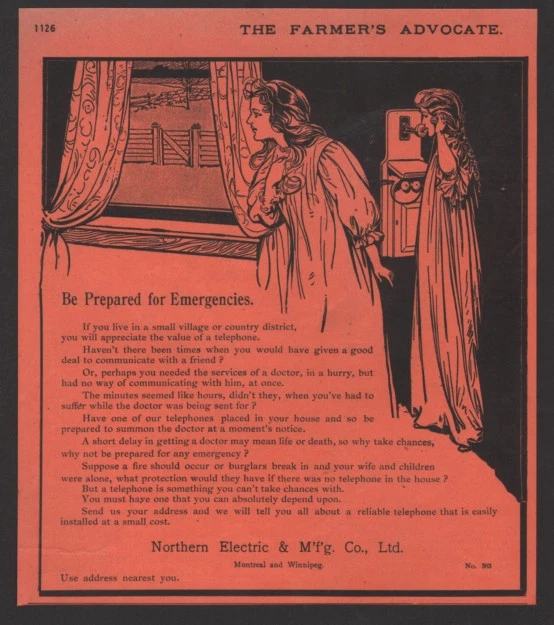 1908 Canadian Northern Electric Telephone ad Be prepared for Emergencies - Image 1 of 1