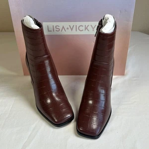 Lisa Vicky Craze Brown Croc Embossed Ankle Boots Block Heel Booties Size 6 M - Picture 1 of 14