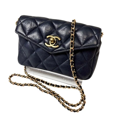 Chanel Navy Quilted Turn Lock Chain Shoulder Waist Pouch Leather rare MMRf61 - Image 1 of 4