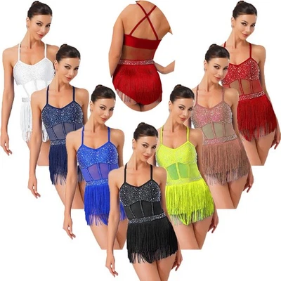 INHZOY UK Women Rhinestone Fringe Dance Leotard Rumba Samba Latin Bodysuit Costume