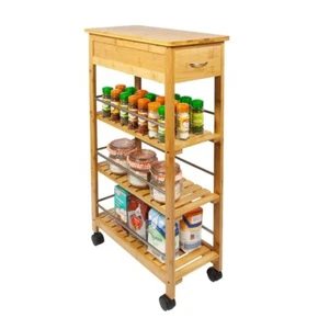 Kitchen Trolley 4 Tier Bamboo Portable Slim Serving Cart Storage Organizer Rack - Picture 1 of 15