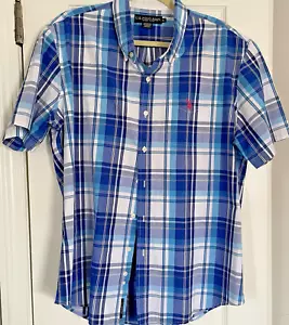 U.S. Polo Assn. Mens Size XL Short Sleeve Button Front Plaid Shirt Blue White - Picture 1 of 5