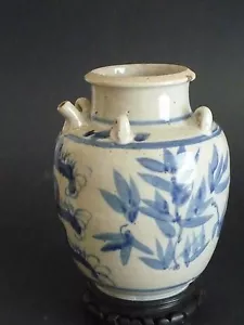 Maceta con patrones de bambú azul y blanco de la dinastía Ming 明代青花竹子紋四系罐 - Imagen 1 de 12