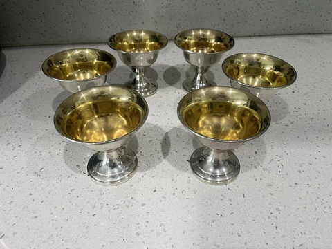 Set of 6 Sterling Silver pedestal candy nut bowls gilt interior 486g Cover