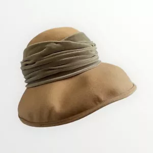 Cappello vintage Eric Javits tesa larga cloche marrone 100% feltro di lana fascia velluto - Foto 1 di 10