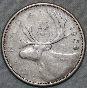 Canadá 1958 ~ 25 centavos de plata .800 ~ Isabel IIn ~ 99 ¢ Envío con orugas - Imagen 1 de 2
