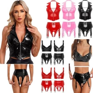 Women's Shiny Lingerie Sets Leather Vest Crop Top Crotchless Galter Belt AU - Picture 1 of 47