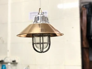 Marine Style Vintage Aluminum Ship Hanging Light with Copper Shade - Set of 5 - Picture 1 of 10