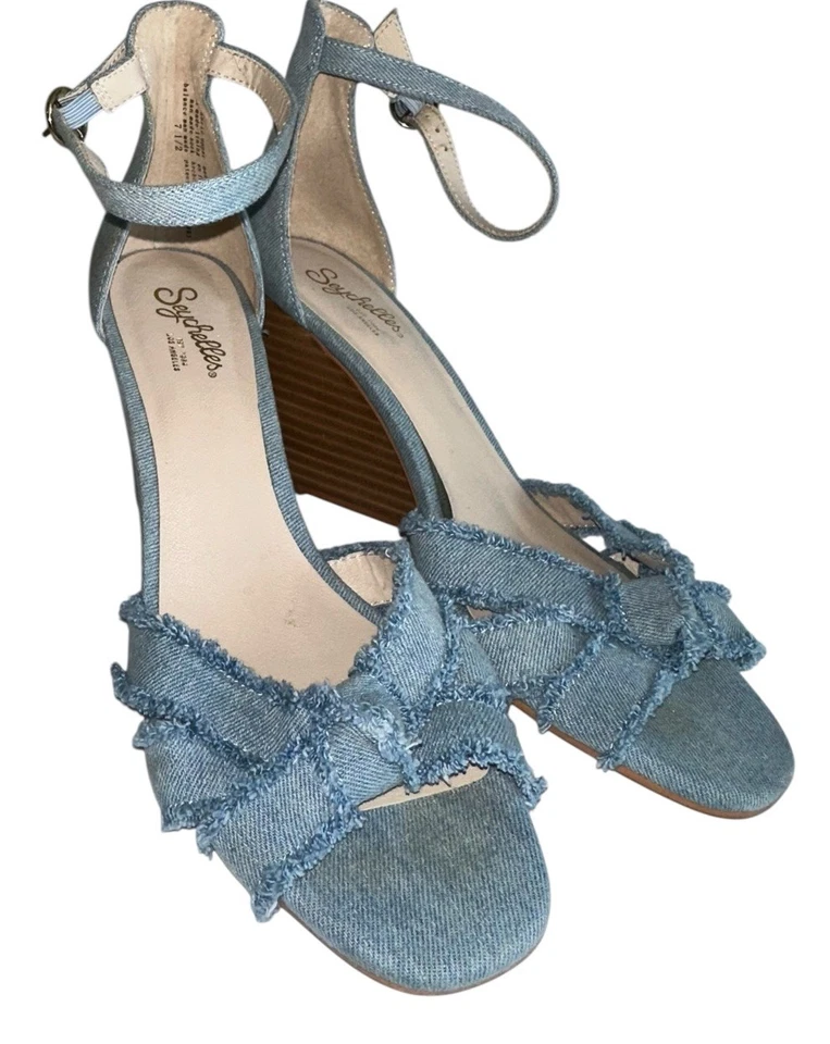 Sandalias de cuña Anthropologie Seychelles Sunrays punta abierta talla 7,5 denim Foto 1 de 4