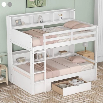 Двухъярусная кровать размера Twin со встроенными полками ящик для хранения деревянная верхняя и нижняя кровать - Изображение 1 из 4