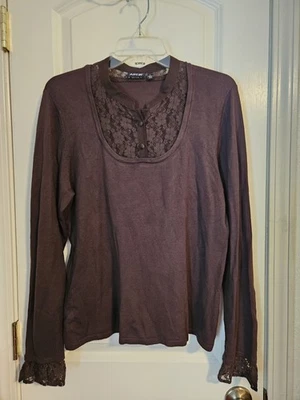 Apt. 9 女式长袖棕色蕾丝饰毛衣 L 码 — 第 1/4 张图片