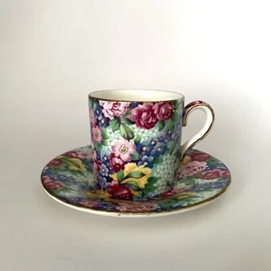 VTG Demitasse Cup Saucer Chintz Royal Winton Julia Porcelain Floral Gold RARE - Picture 1 of 11