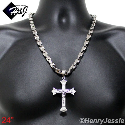 24 «МУЖЧИН из нержавеющей стали 8 мм Серебряный блокировки кости цепочка ожерелье крест подвеска * MJ - Изображение 1 из 4