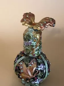 Messing Emaille & bunte Kristalle Floral Parfum Flakon 2004 Schmetterling Top - Bild 1 von 7