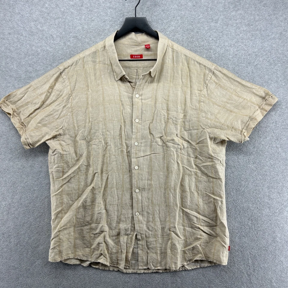 Izod Shirt Mens Size XXL Beige Striped Short Sleeve Button Up Camp Bowling - Image 1 of 4