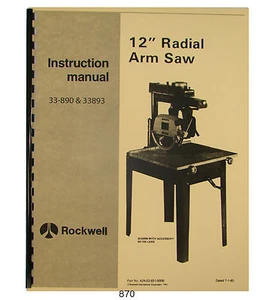 Rockwell 12" Radial Saw 33-890 thru 33-893 Operator & Parts Manual #870 - Picture 1 of 8