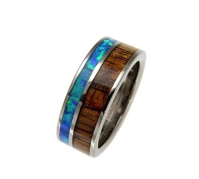 ANILLO DE BODA GENUINO INCRUSTACIÓN MADERA KOA HAWAIANO ÓPALO TITANIO 8 MM TAMAÑO 8-14 Foto 1 de 3