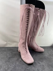 Kate Spade Knee High Boots Women 6M Lake Shoes Pink Suede Tall Prairie Lace Up - Picture 1 of 18