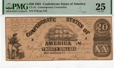 CT-18 132B 1861 $20 Contemporary Counterfeit CSA Paper Money - PMG Very Fine 25 - Image 1 of 2