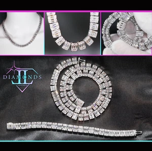 Iced Out Chain | Iced Out Bracelet | Baguette Cut Simulated Diamond Necklace - Picture 1 of 11