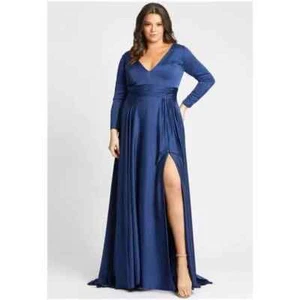 Mac Duggal Gown Dress Size 18W Blue Satin V Neck Long Sleeve 55290 NWT - Picture 1 of 6