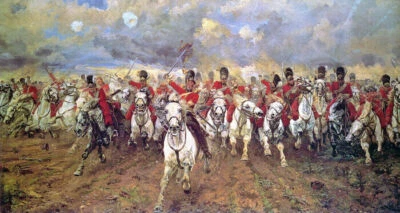 SCOTLAND FOREVER SCOTS GREYS BATTLE OF WATERLOO PAINTING BY LADY BUTLER REPRO - Image 1 of 3