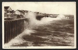 1937 SHOREHAM BEACH BUNGALOW TOWN ROUGH SEA POSTCARD SUSSEX NEAR LANCING - Picture 1 of 2