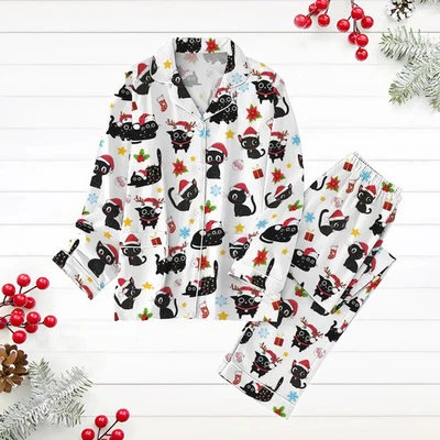 Унисекс Рождественский черный кот пижамы комплект длинным рукавом кнопка Топ и брюки Sleepwear - Изображение 1 из 4