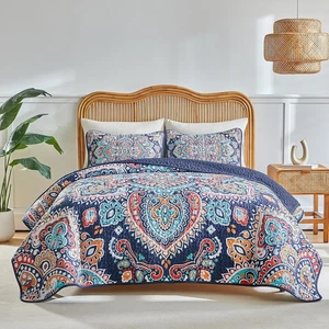 ✅ NUOVO - Set Trapunta Queen Boho 3 Pezzi Reversibile Paisley Biancheria da Letto Arancione Navy - Foto 1 di 9