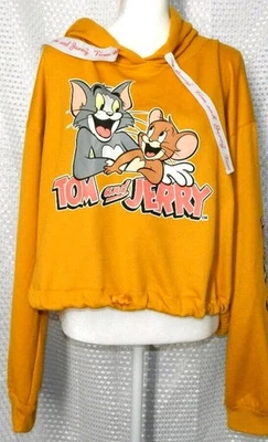 Tom & Jerry Pullover Hoodie Sweatshirt MUSTARD CROPPED DRAWSTRING Womens 2XL - Image 1 of 4