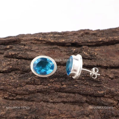 Ovale Svizzero Blu Topazio Pietra 925 Argento Pendenti Nero Friday Orecchini - Immagine 1 di 4