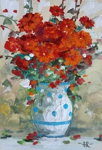 TR Artist Original Tempera Painting Aceo Floral Red Flowers Decor Gift - Picture 1 of 1