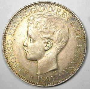 1897 Spain Philippines Peso 1P Coin - Choice AU - Rare Coin! - Picture 1 of 2