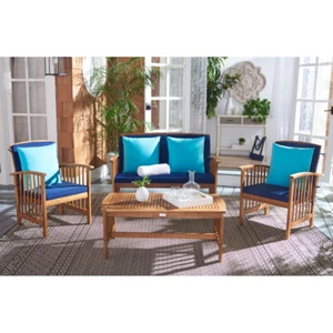 SAFAVIEH Outdoor Collection Rocklin 4-Piece Patio Set | Natural Look/Navy | - Picture 1 of 12