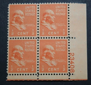 1937 Scott Stamp #803 - 1/2 Cent Block 4 - Franklin - MNH/OG/VF - Picture 1 of 2