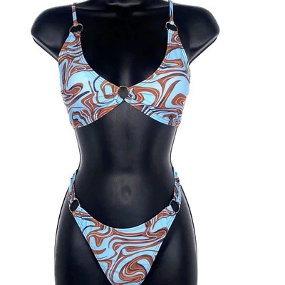 New Medium Blue Brown Swirl Bikini O Ring Triangle Padded Top Swimsuit Y2k 90s - Image 1 of 4