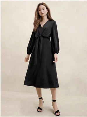NWT Banana Republic Midi Dress Twist Front Long Sleeve Black Satin Career Sz 8.  - Image 1 of 4