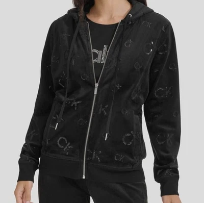 Calvin Klein Women's Black Sequin-Logo Velour Zip-Front Hoodie Sweater Size M - Image 1 of 3