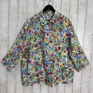 NWT John Mark 100% Linen Floral 2X Print Point Collar 3/4 Sleeve Front Tunic - Picture 1 of 12