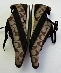 COACH Signature C Hilary Logo Canvas Suede Brown Sneakers 9.5 Lace Up Flat EU 41 - Picture 1 of 13