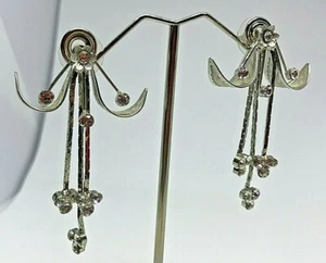 Vintage Silver Metal White Flower Diamante Long Drop Dangle Earrings 1980' - Picture 1 of 4