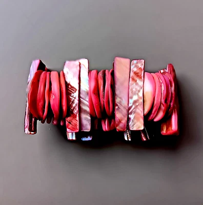 Pink Shell MOP Abalone Cuff Bracelet Stretch Boho Beachy Elastic - Image 1 of 4