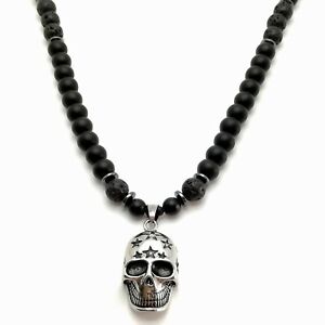 Halskette totenkopf Medaillon skull halbedelstein Onyx Hämatit facettiert mode 