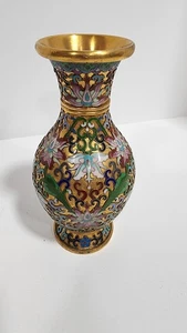 Champleve Asian Bud Vase Cloisonné Brass Floral Pattern Enamel 7"Inches - Picture 1 of 11