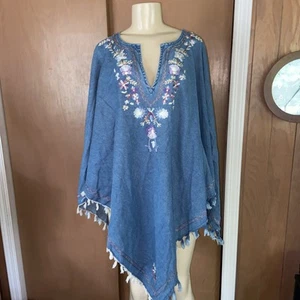 Neu Denim&Co Poncho Boho Umstandsmode Hippie Fransen Stickerei One Size E445 - Bild 1 von 19