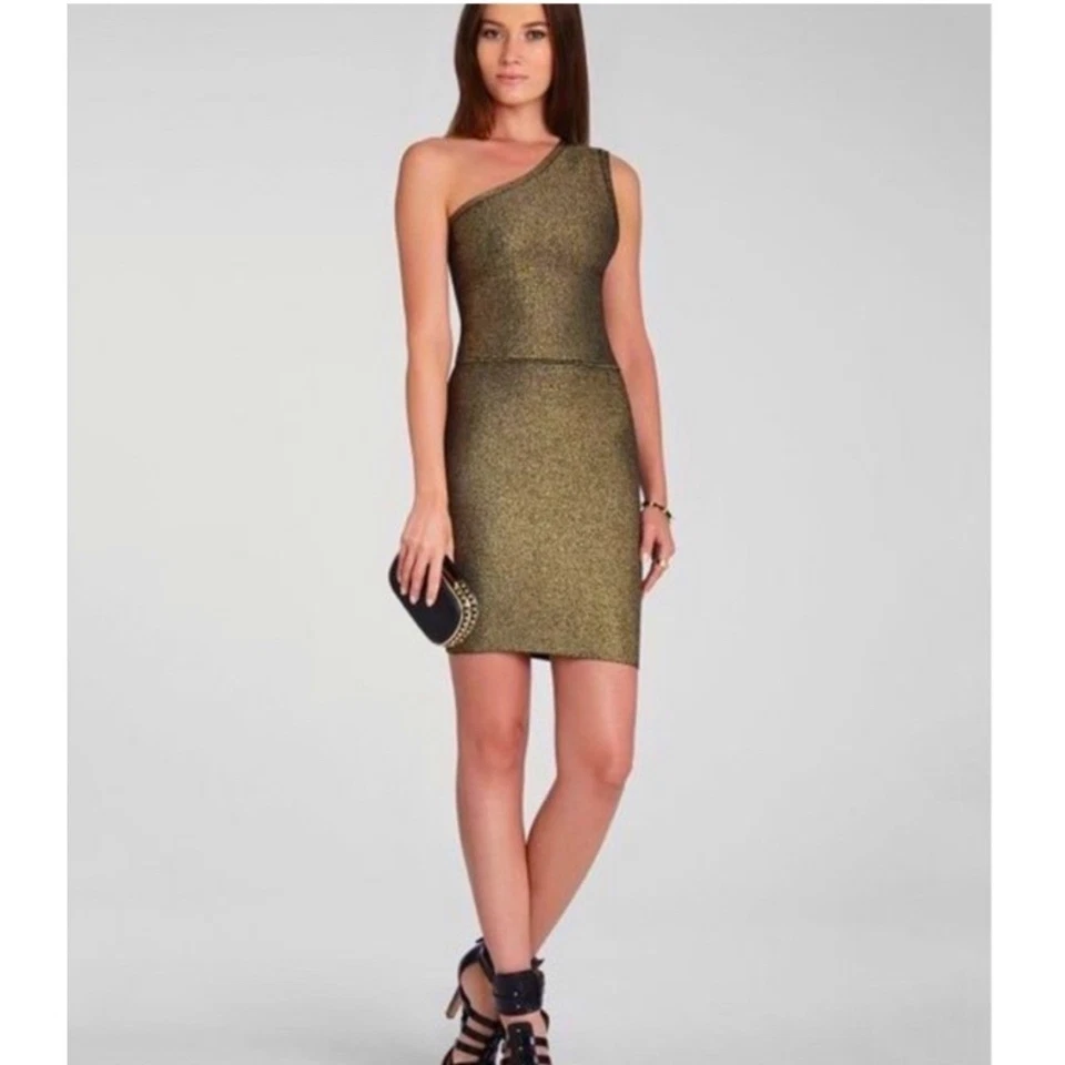BCBG MAX AZRIA Womens Inari Gold Metallic One Shoulder Bodycon Dress Sz M Party - Image 1 of 4