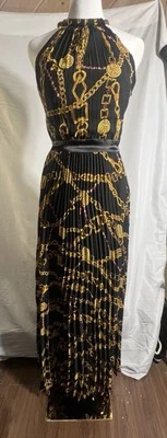 VaVa Voom Dress Woman's S Black Pleated Chains Beads Medallion Print Neck - Image 1 of 4