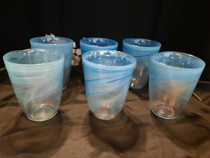 6 "Blue Opal" Artistic Accents 5" Handbown Highball Glasses Rare Large Set - Picture 1 of 14